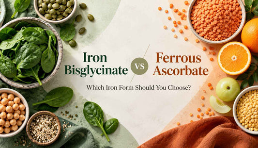 Iron bisglycinate vs ferrous ascorbate comparison with vegetarian iron-rich foods including spinach, chickpeas, pumpkin seeds, lentils, oranges and amla.