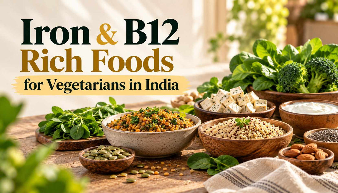 Infographic titled “Iron & B12 Rich Foods for Vegetarians in India,” featuring bowls of lentils, legumes, seeds, tofu, grains, leafy greens, and nuts arranged on a wooden table against a warm cream background.