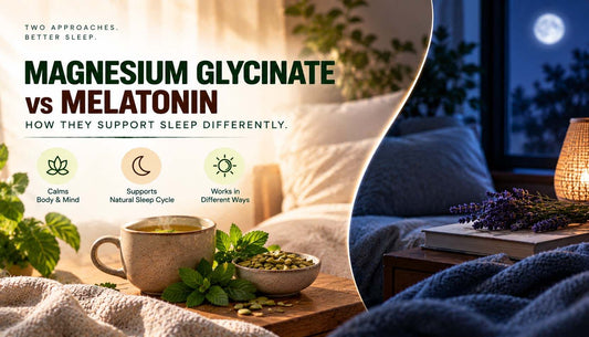 Magnesium glycinate versus melatonin for sleep, featuring a calming nighttime bedroom scene with herbal tea and natural sleep-support elements.