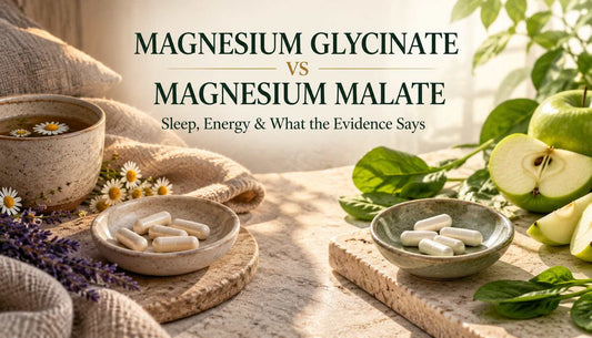 Magnesium glycinate vs magnesium malate comparison for sleep and energy, featuring supplement capsules, herbal tea, green apples, leafy greens, and a calming natural setting.