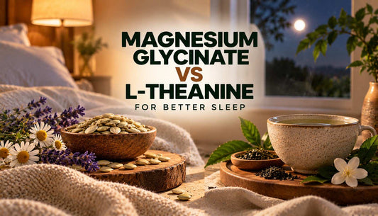Magnesium glycinate vs L-theanine for better sleep, featuring herbal tea, nuts, seeds, chamomile flowers, lavender, and a peaceful nighttime bedroom setting.