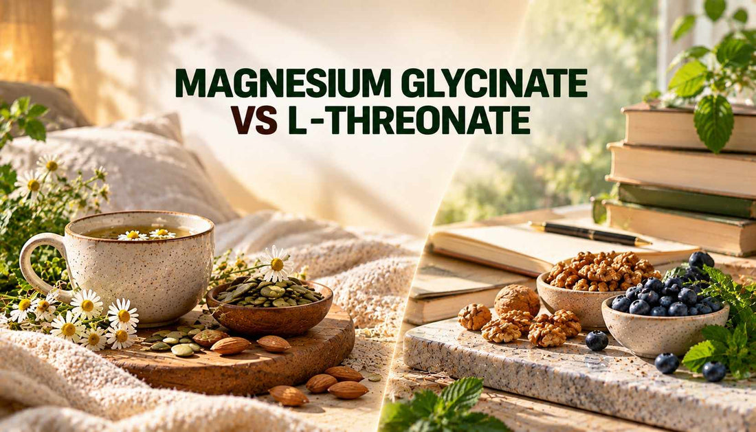 Magnesium glycinate vs L-threonate comparison featuring herbal tea, nuts, seeds, blueberries, and a calm natural setting.