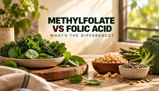Methylfolate vs folic acid comparison featuring leafy green vegetables, chickpeas, and seeds as natural sources of folate and essential nutrients.