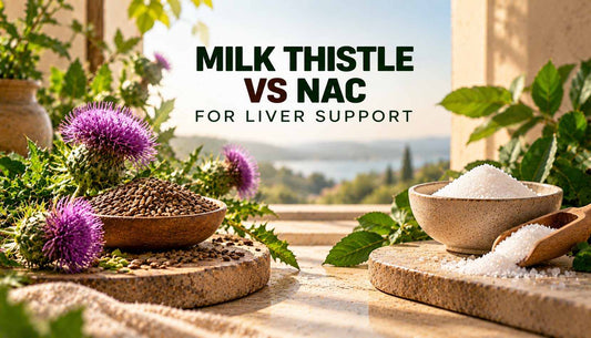 Milk thistle vs NAC for liver support, featuring milk thistle flowers, seeds, green leaves, and white powder representing the two supplement ingredients.