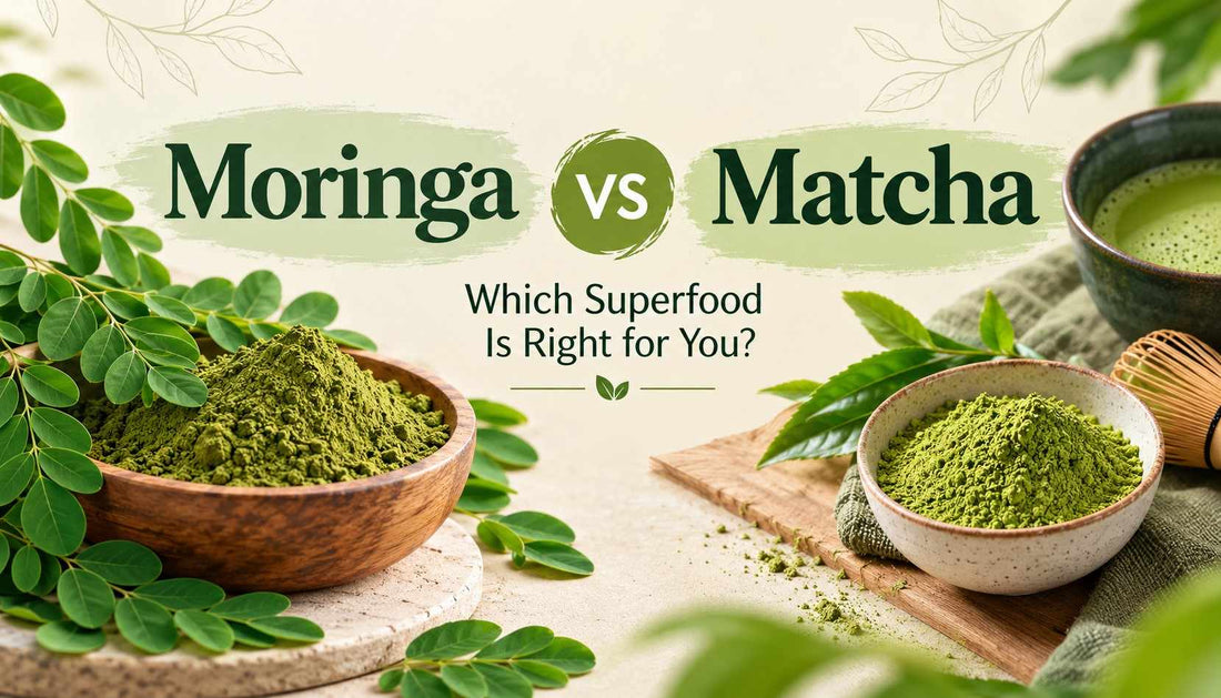 Moringa vs matcha comparison featuring moringa leaf powder, matcha green tea powder, and fresh green leaves to help readers compare these superfoods.