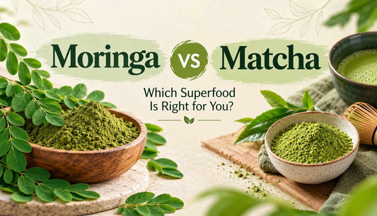 Moringa vs matcha comparison featuring moringa leaf powder, matcha green tea powder, and fresh green leaves to help readers compare these superfoods.