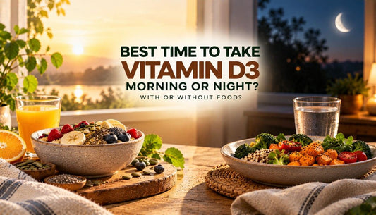 Best time to take vitamin D3 in the morning or at night, featuring a morning breakfast with fruit and juice alongside an evening meal and water.