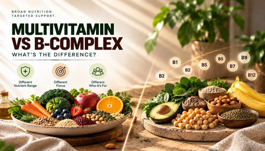 Multivitamin vs B-complex comparison showing vegetarian food sources rich in vitamins and B vitamins, highlighting differences in nutrient coverage and focus.
