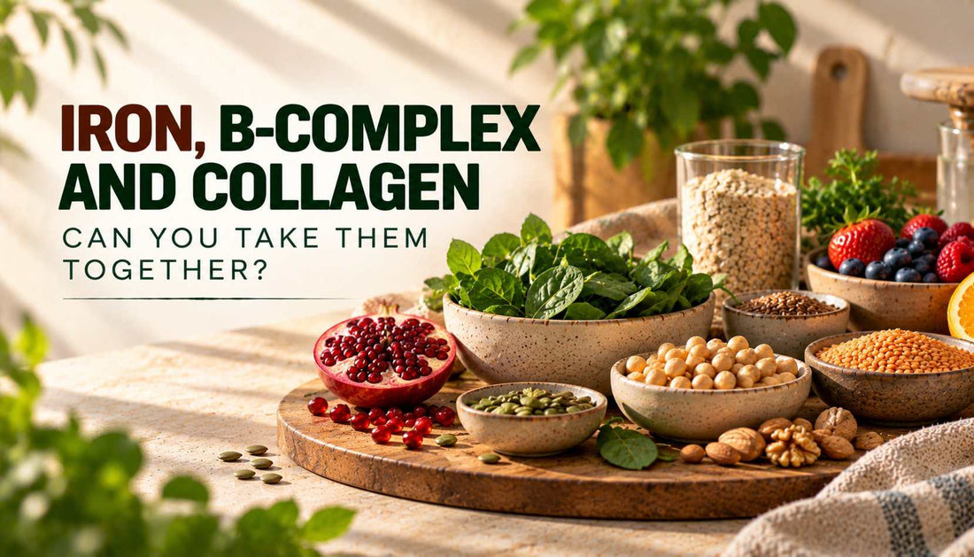 Iron, B-complex and collagen comparison featuring vegetarian foods rich in iron, B vitamins and nutrients that support collagen production.