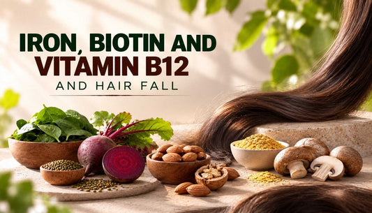 Iron, biotin and vitamin B12 for hair fall, featuring hair strands alongside spinach, beetroot, nuts, seeds and mushrooms as nutrient-rich food sources.