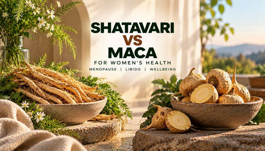 Shatavari vs maca for women’s health, featuring shatavari roots and maca roots with a comparison of their traditional uses for hormonal wellness, menopause, libido, and overall well-being.