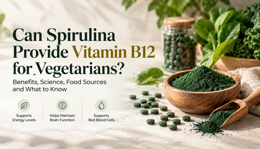 Can spirulina provide vitamin B12 for vegetarians? Educational banner featuring spirulina powder, green tablets, and fresh leaves, exploring potential benefits, food sources, and B12 limitations.