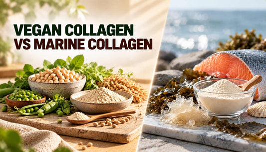 Vegan collagen vs marine collagen comparison featuring plant-based protein sources on one side and fish-derived collagen sources on the other.