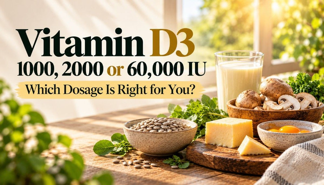 Vitamin D3 dosage comparison infographic showing 1,000 IU, 2,000 IU, and 60,000 IU, with natural food sources, vitamin D-rich foods, and the headline “Which Dosage Is Right for You?” on a warm cream background.