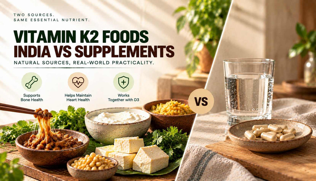 Vitamin K2 foods in India versus supplements, comparing natural vegetarian food sources with K2 supplement capsules.