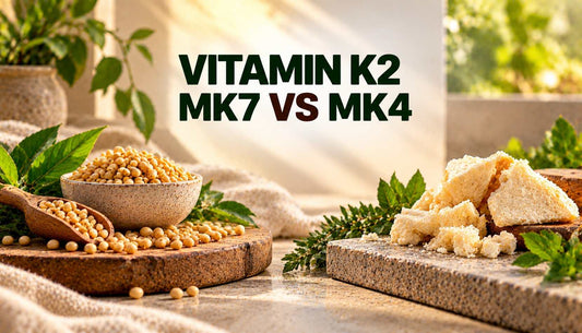 Vitamin K2 MK-7 vs MK-4 comparison featuring soybeans, fermented soy foods, and green leaves to illustrate natural food sources of vitamin K2.