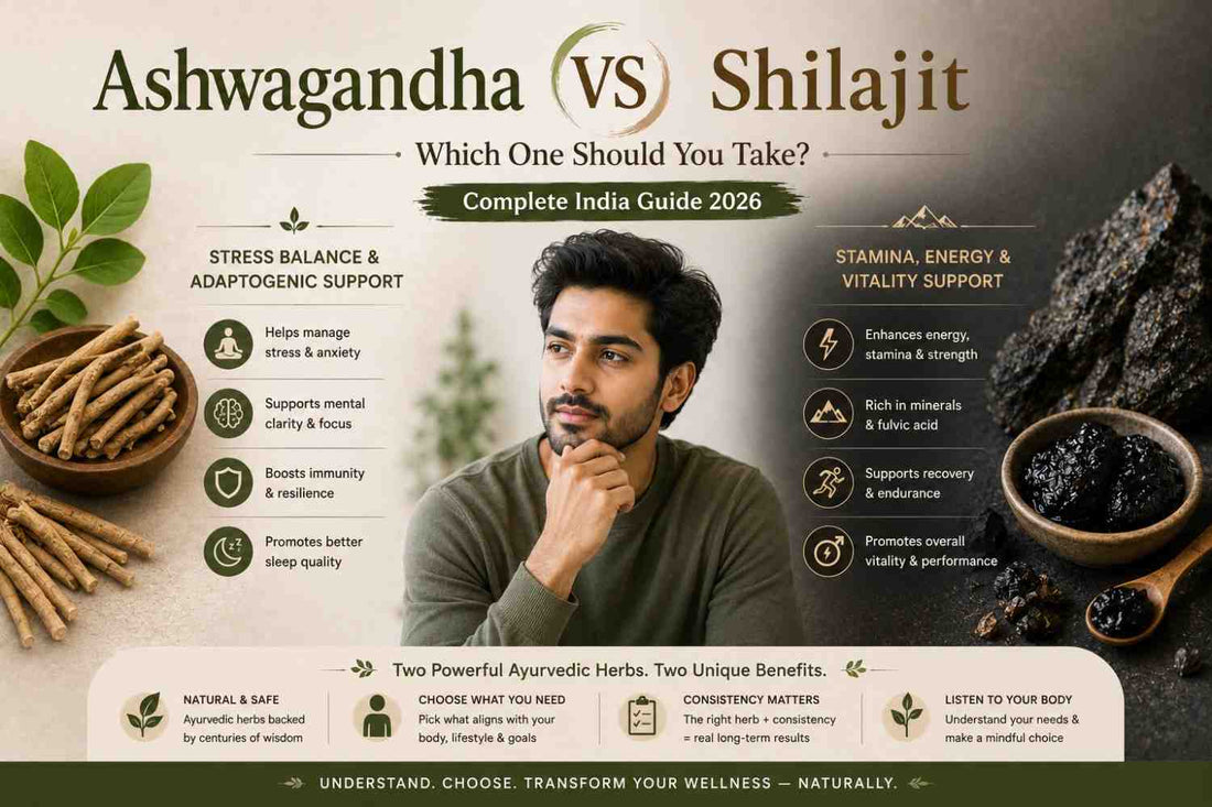Ashwagandha vs Shilajit — Which One Should You Take? Complete India Guide 2026 WellBeingMora Buy | Pure Beetroot, Turmeric Capsules & Herbal Supplements Online
