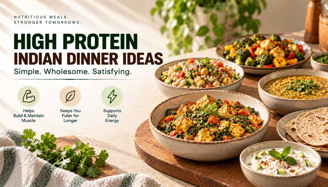 High protein Indian dinner ideas featuring nutritious vegetarian dishes like paneer, chickpeas, dal, vegetables, and roti.
