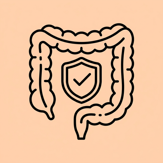 Digestive health icon showing healthy intestine with checkmark shield