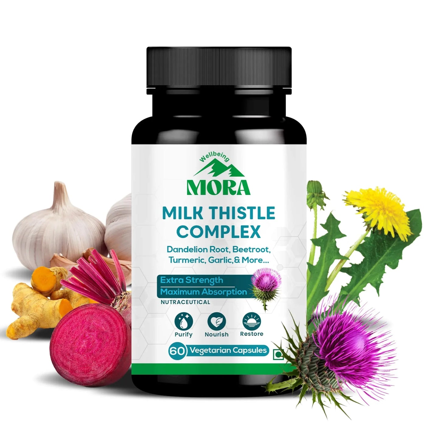 Milk Thistle Complex supplement bottle with garlic, turmeric, beetroot, dandelion root, and herbs.