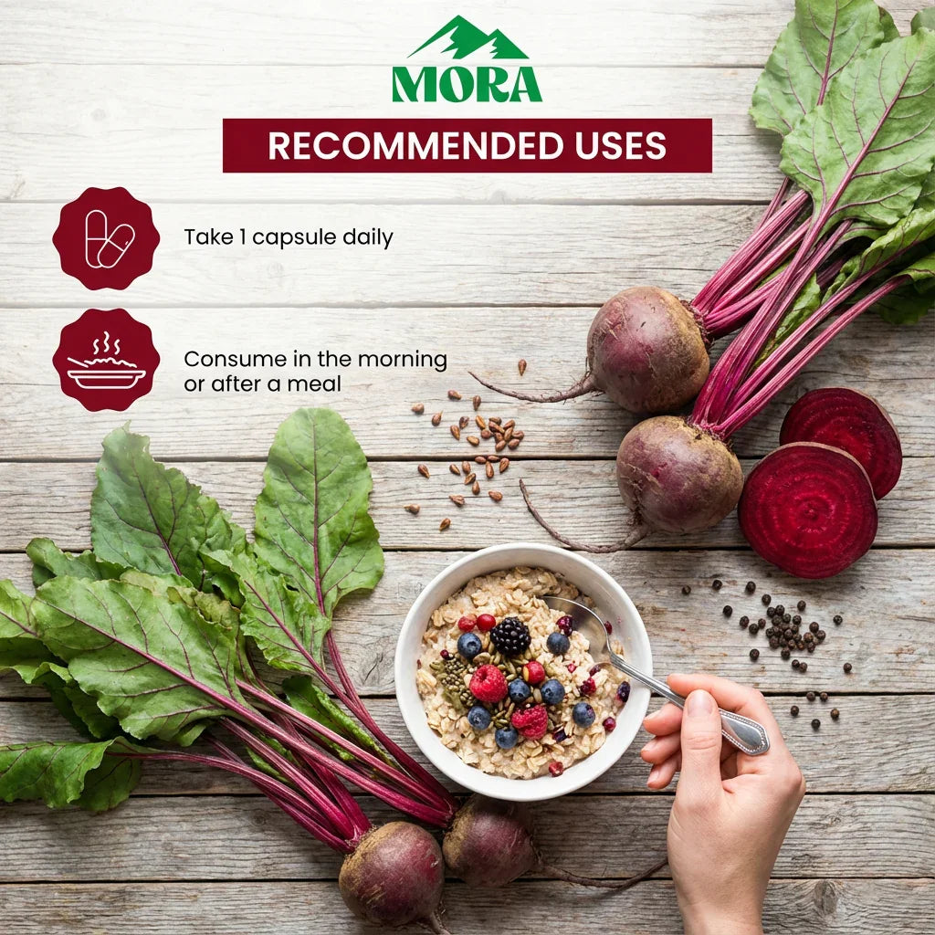 Fresh beetroots, mixed berry oatmeal, and supplement usage instructions on wooden table