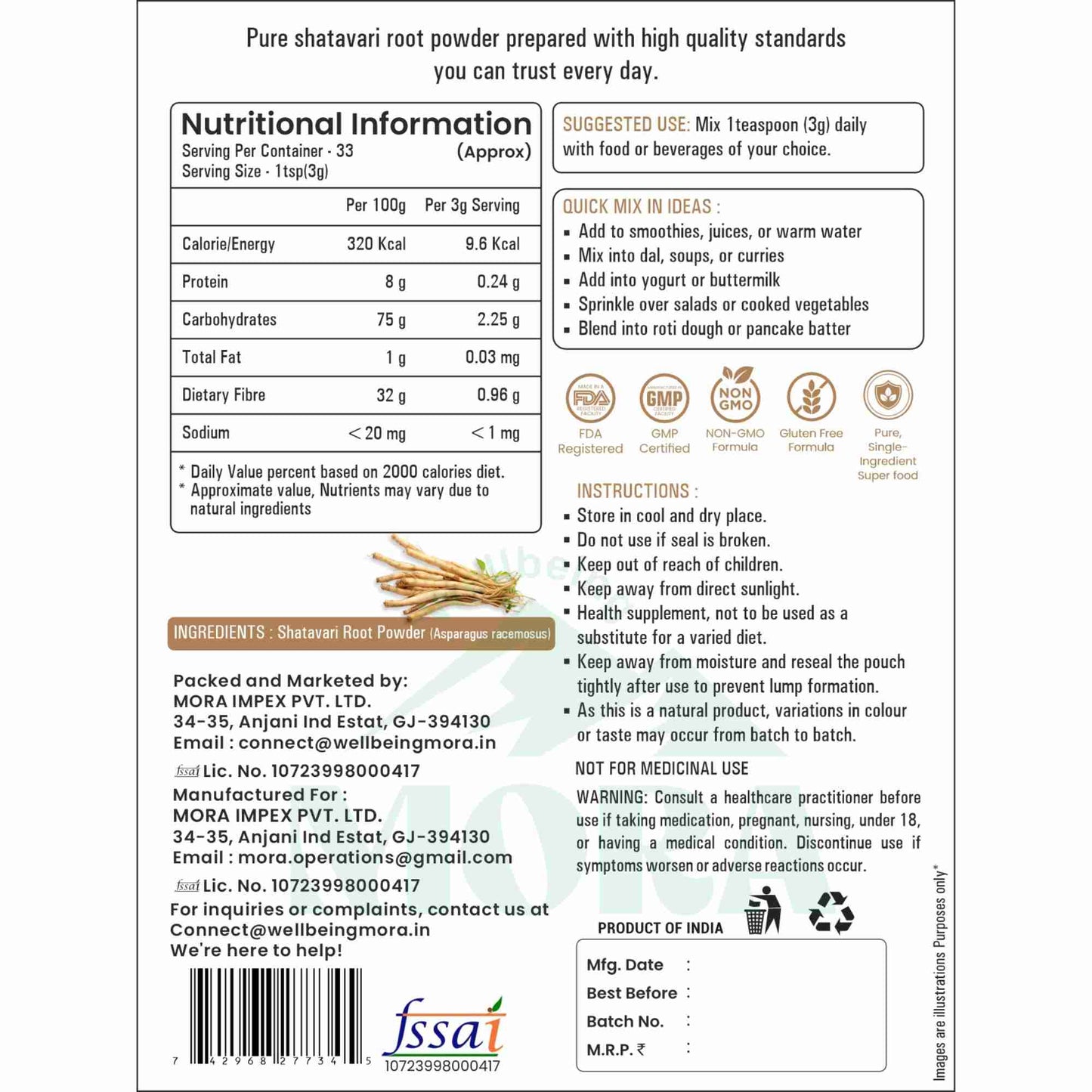 Shatavari root powder supplement nutrition label with usage, ingredients, and certifications info