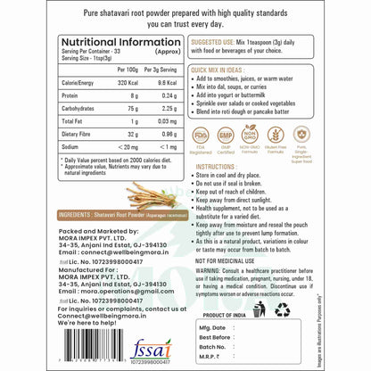 Shatavari root powder supplement nutrition label with usage, ingredients, and certifications info