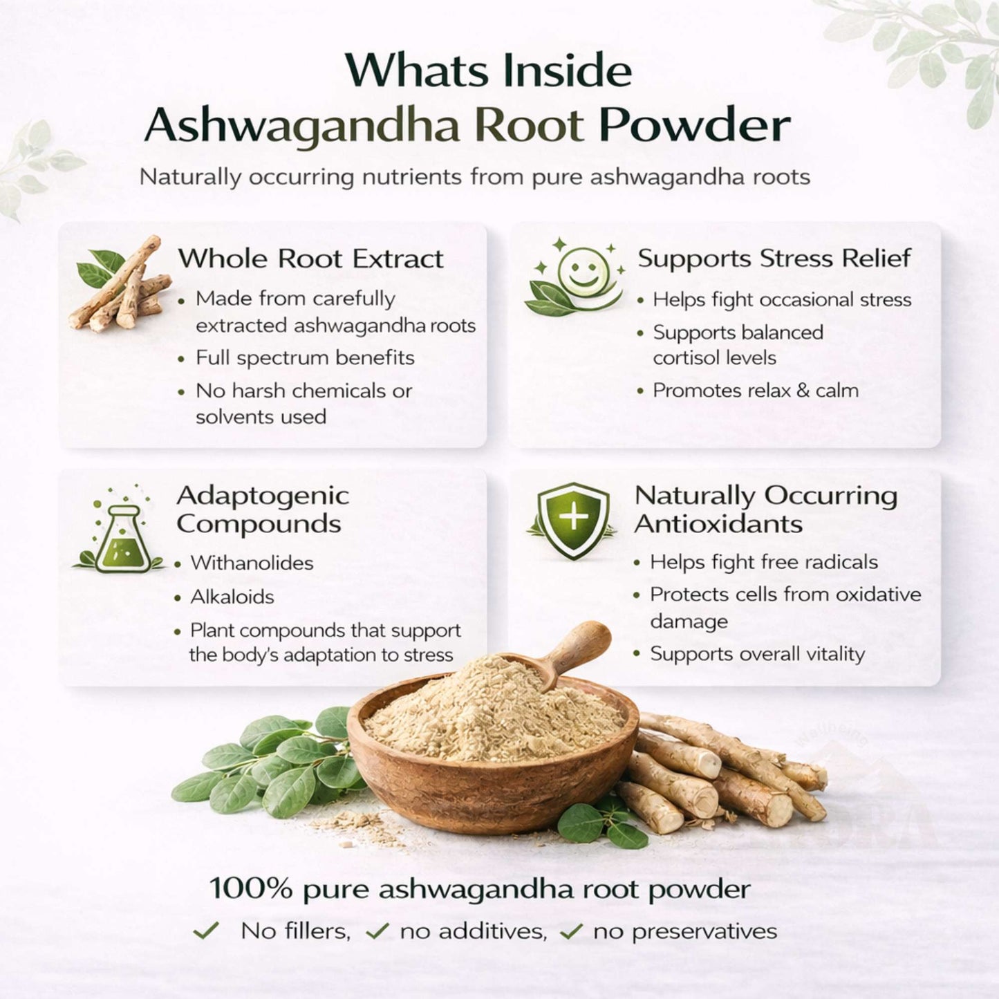 Ashwagandha root powder benefits infographic with wooden bowl, roots, and green leaves