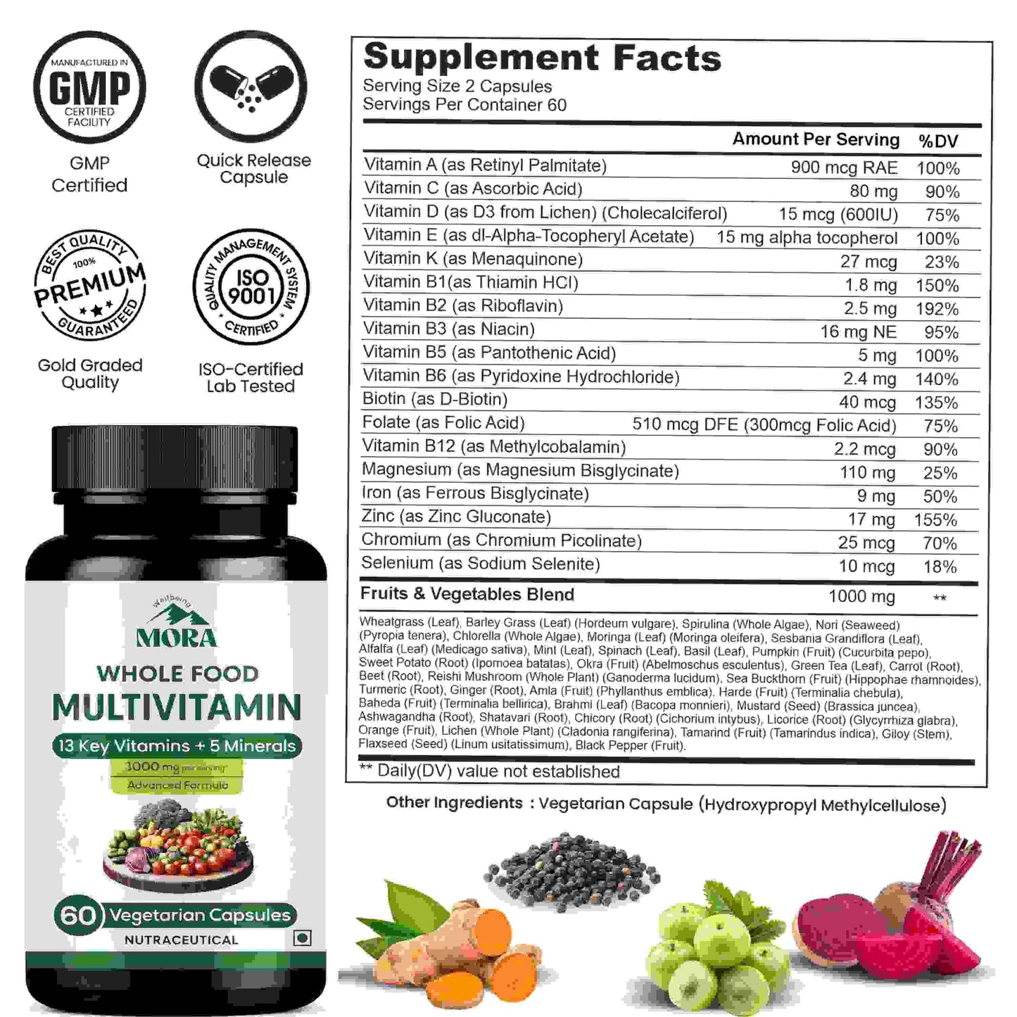Whole food multivitamin bottle with supplement facts, vegetarian capsules, fruits and vegetables