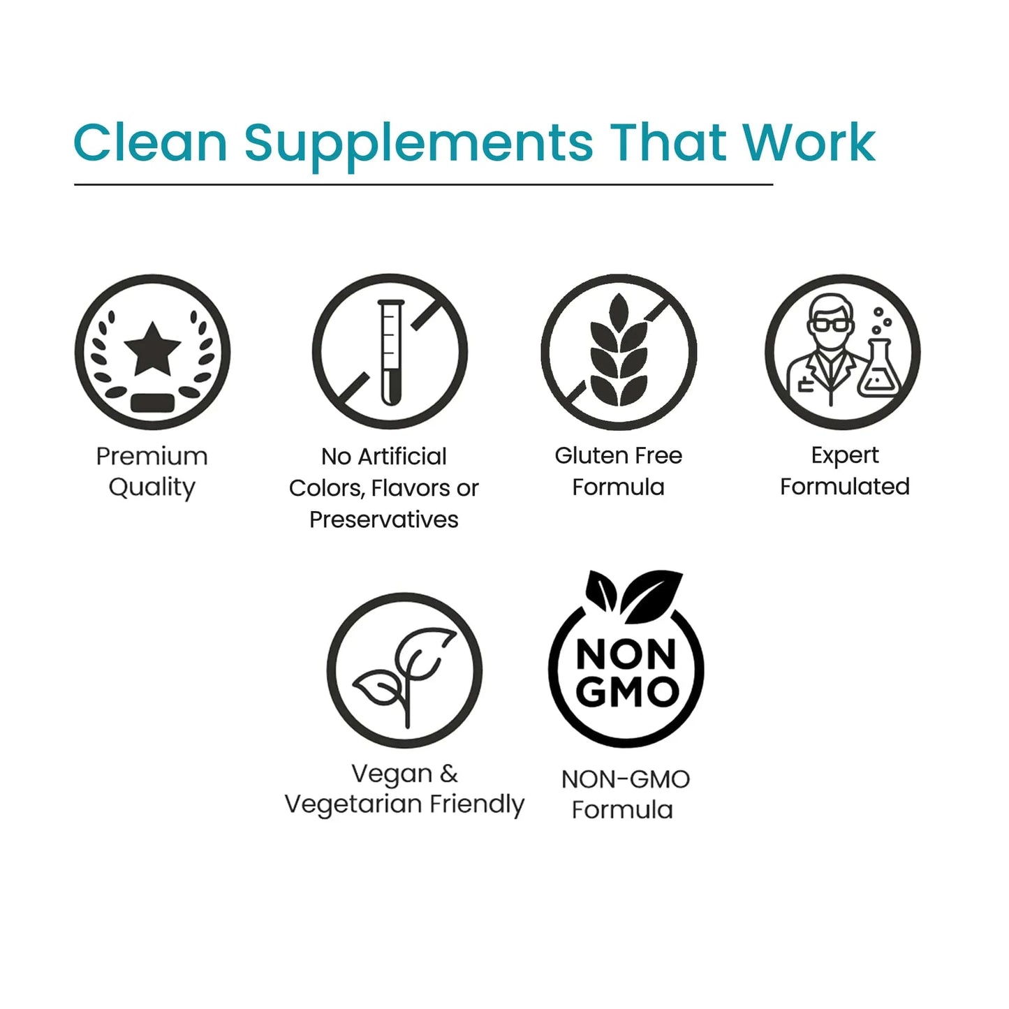 Supplement benefits icons showing premium quality, gluten free, vegan, non-GMO, and expert formulated