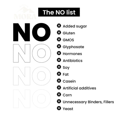 List of ingredients not included in herbal supplements, such as sugar, gluten, GMOs, and additives.