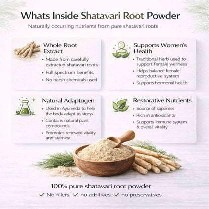 Shatavari root powder benefits infographic with bowl of powder, roots, and health icons