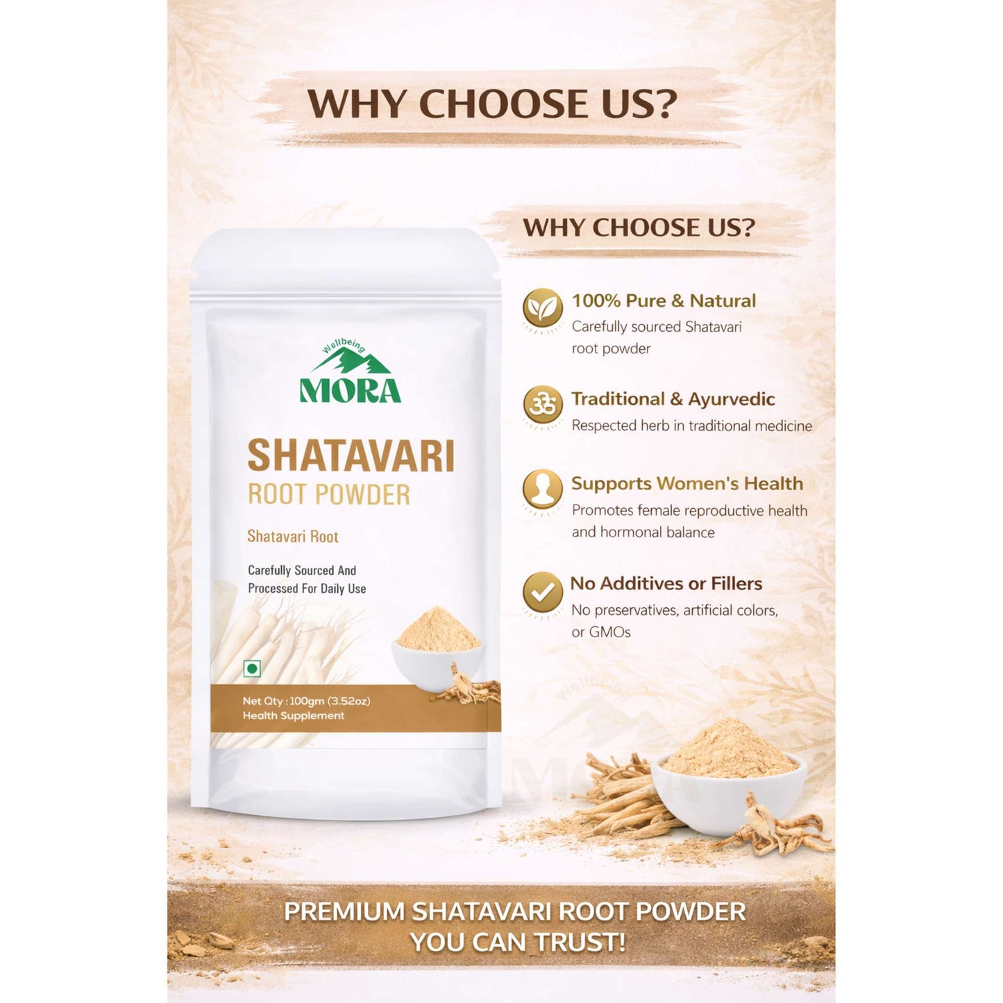 Shatavari root powder bag with powder bowl, highlighting pure, natural, ayurvedic supplement benefits