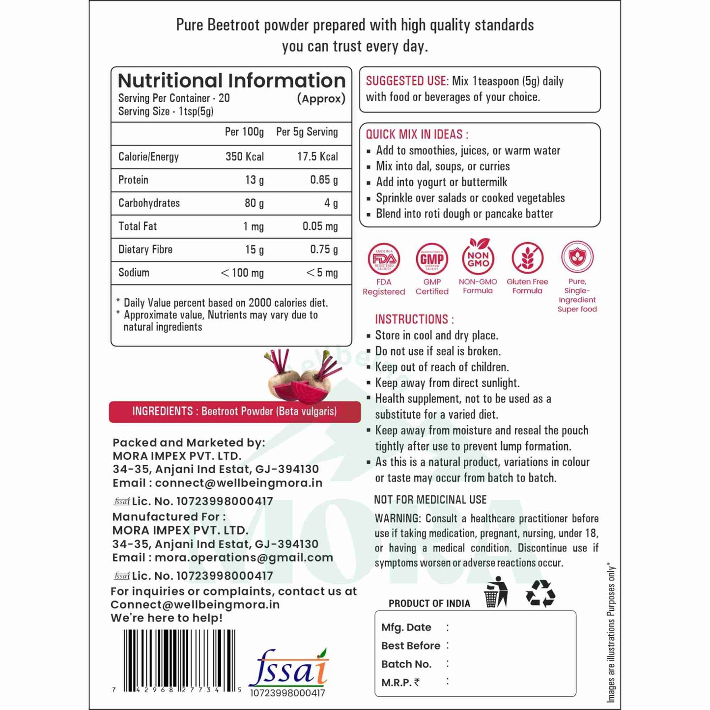 Pure beetroot powder nutrition facts, ingredient list, usage instructions, and mixing ideas on product label.