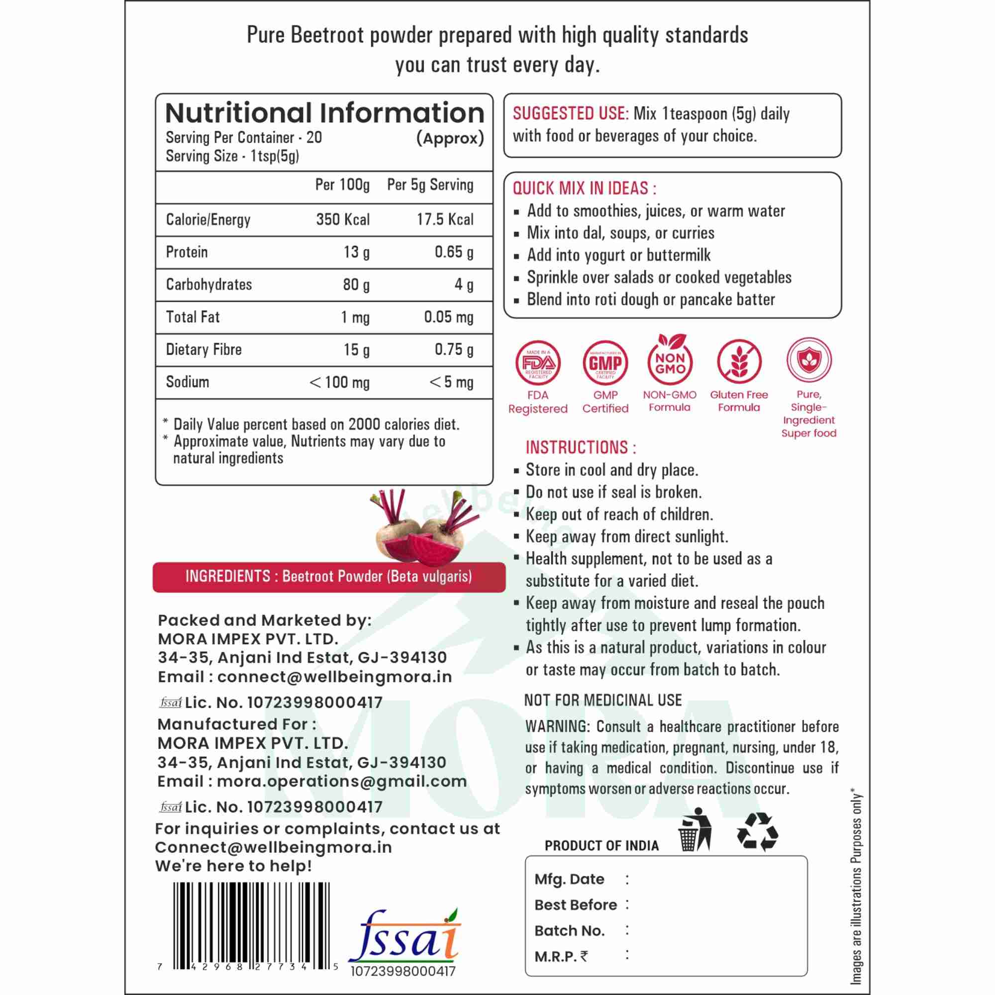 Pure beetroot powder nutrition facts, ingredient list, usage instructions, and mixing ideas on product label.