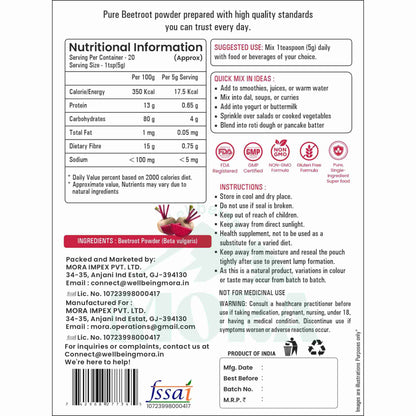 Pure beetroot powder nutrition facts, ingredient list, usage instructions, and mixing ideas on product label.