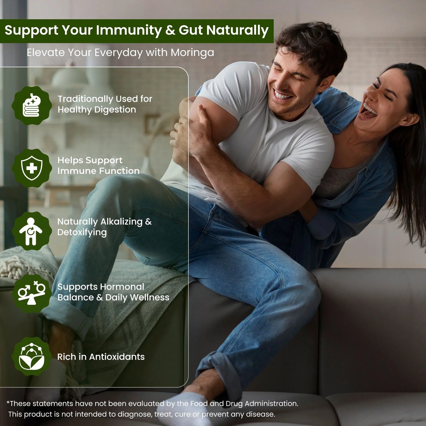 Happy couple smiling on a couch with Moringa supplement health benefit icons and text overlay.