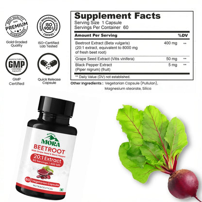 Beetroot extract vegetarian capsules bottle with fresh beetroot, supplement facts and certifications