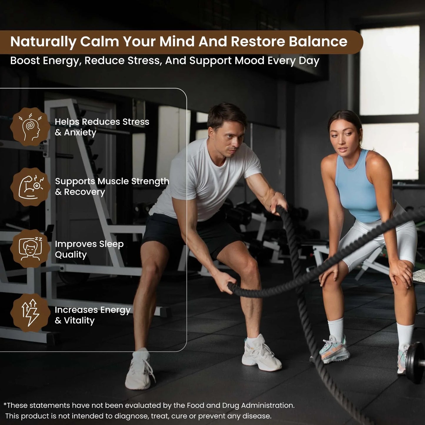 Man and woman exercising with battle ropes in gym, benefits of superfood supplements for energy, stress relief, muscle recovery, and sleep quality shown.