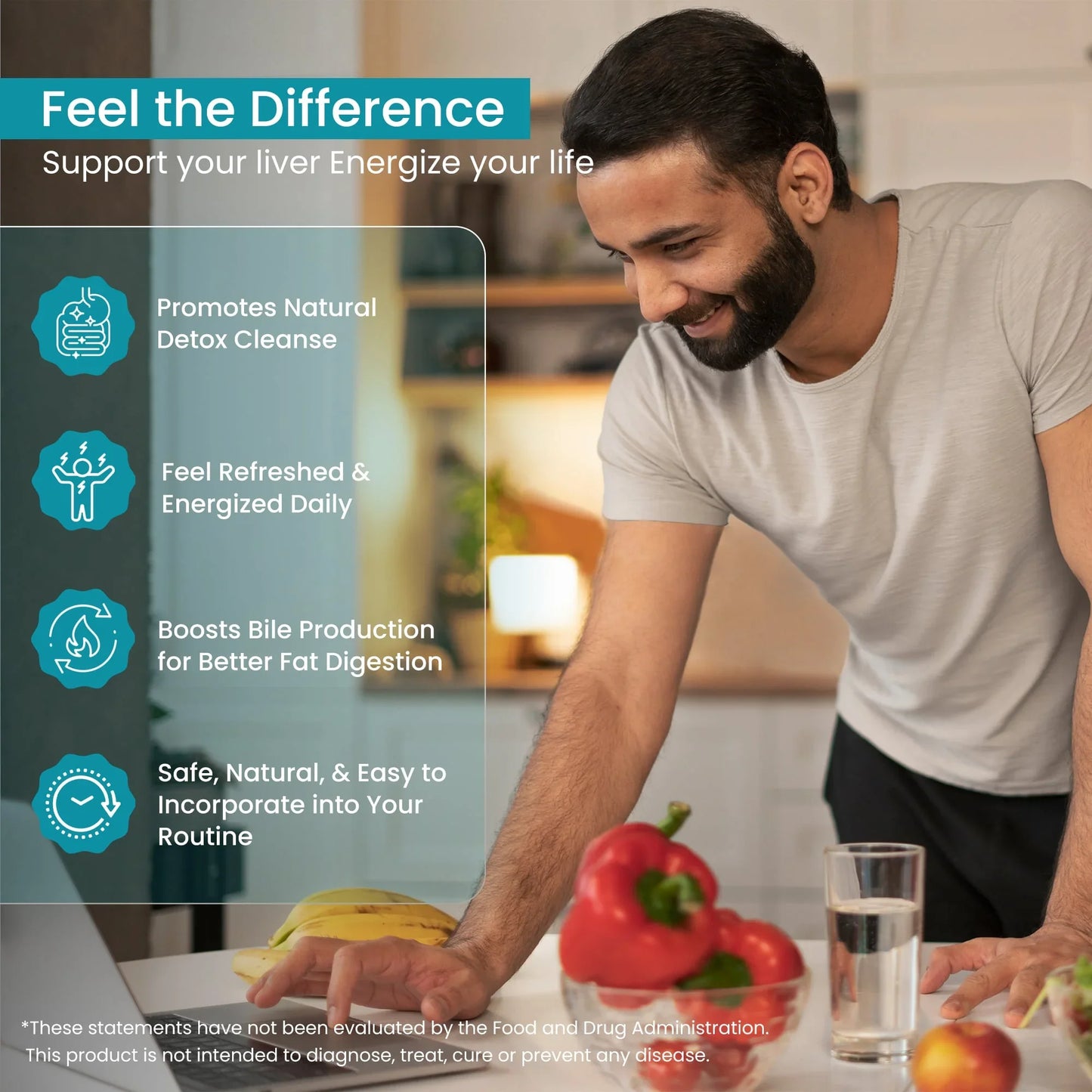Man smiling in kitchen with fresh fruits and vegetables, highlighting natural detox, energy, and liver support benefits.