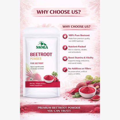 Pure beetroot powder supplement pouch with beetroot slices and powder, highlighting energy, vitality, and no additives.