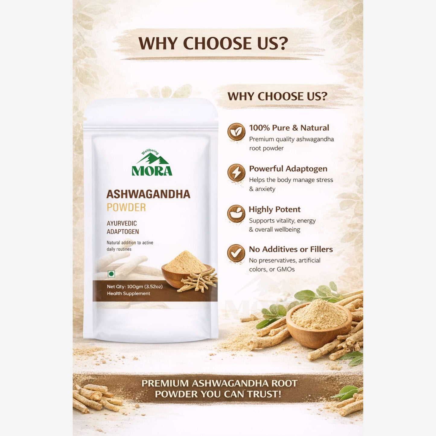 Ashwagandha root powder supplement pouch with ashwagandha roots and powder, highlighting benefits like natural, pure, and potent adaptogen for energy and stress relief.