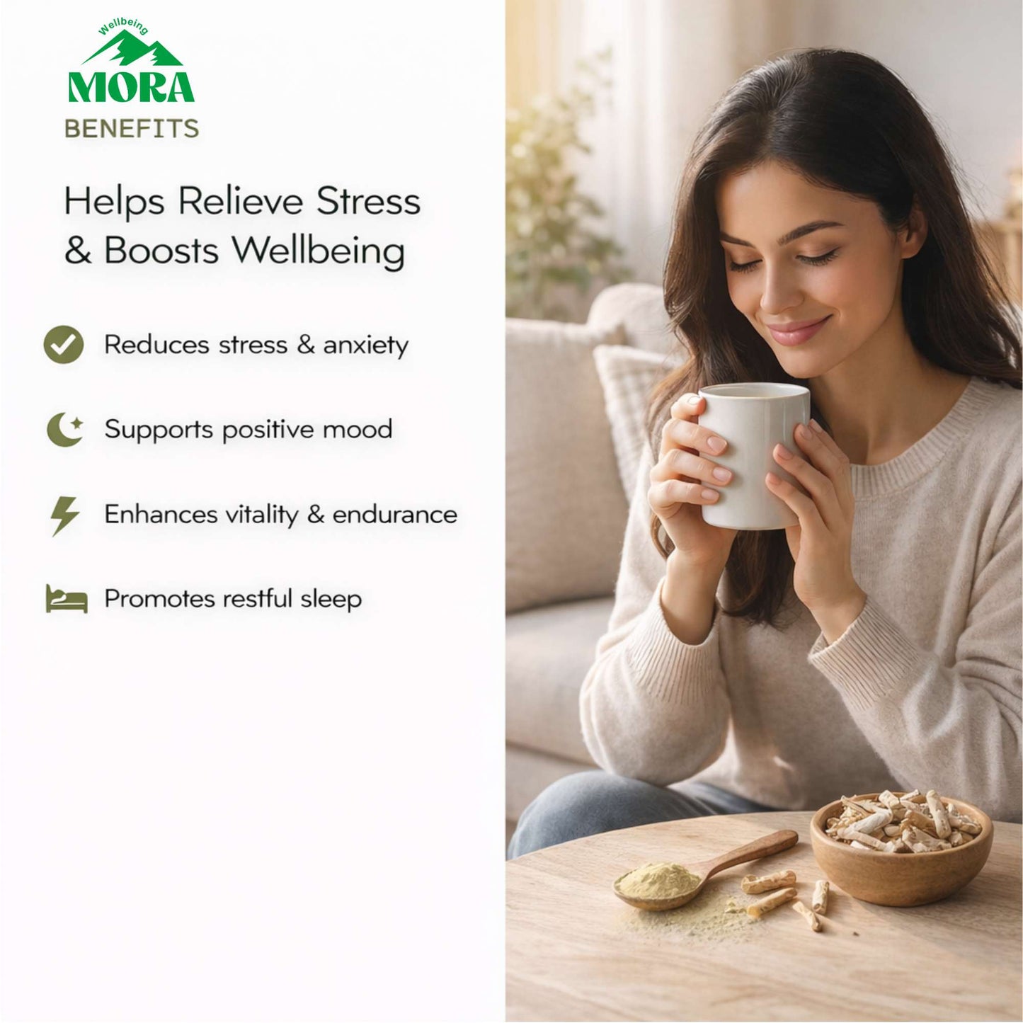Woman enjoying herbal supplement drink for stress relief, energy, and immunity support at home
