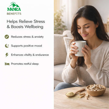 Woman enjoying herbal supplement drink for stress relief, energy, and immunity support at home