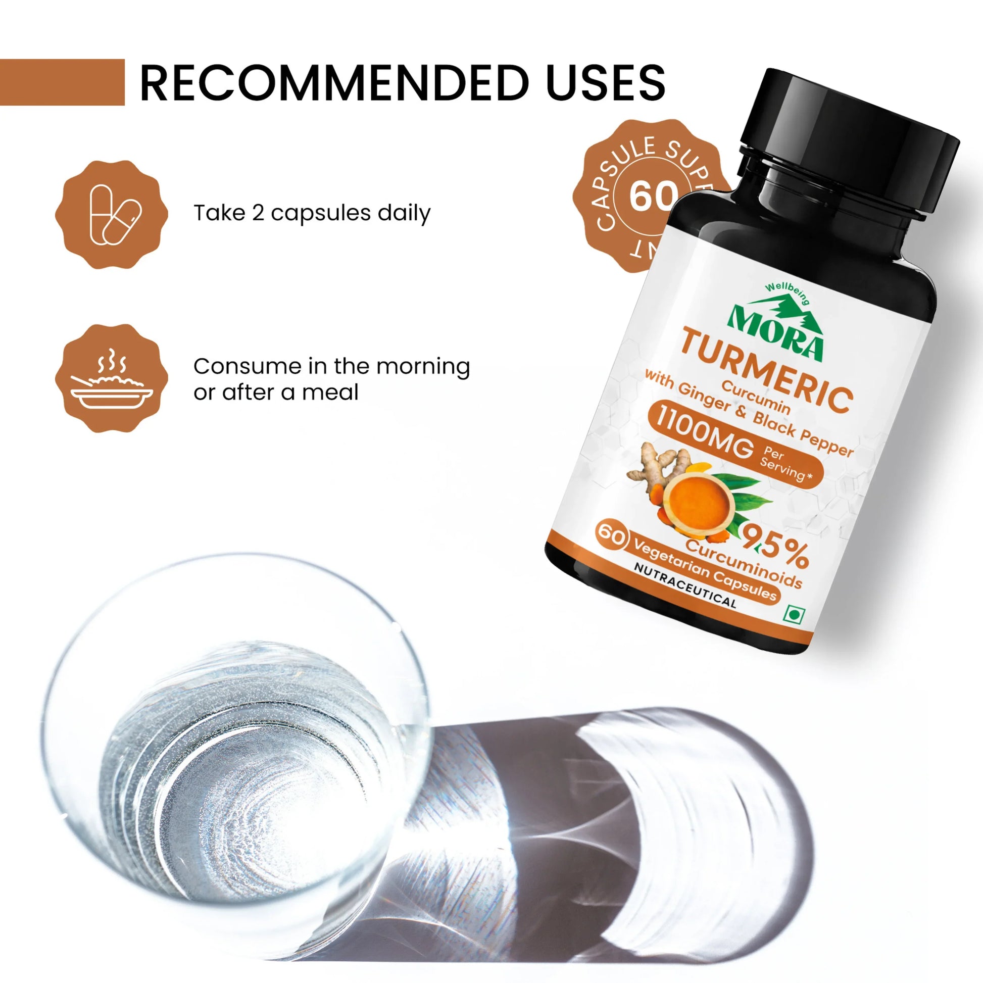 Turmeric curcumin supplement bottle with ginger and black pepper, daily usage instructions, glass of water