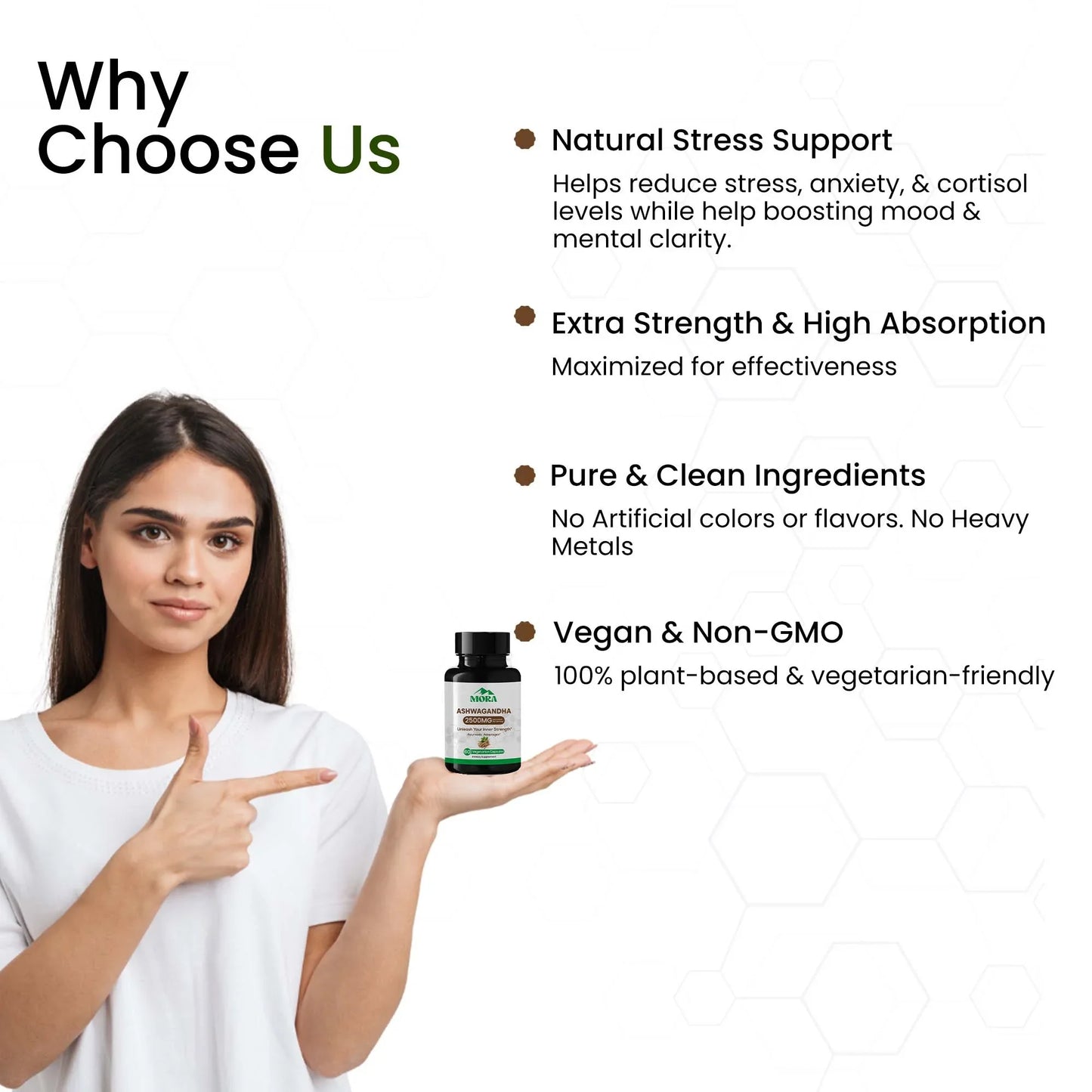Woman holding ashwagandha supplement bottle, highlighting vegan, stress relief, high absorption benefits