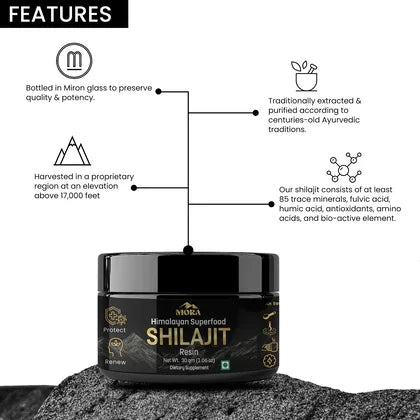 Himalayan Shilajit resin jar with features highlighted, including trace minerals and Ayurvedic extraction.