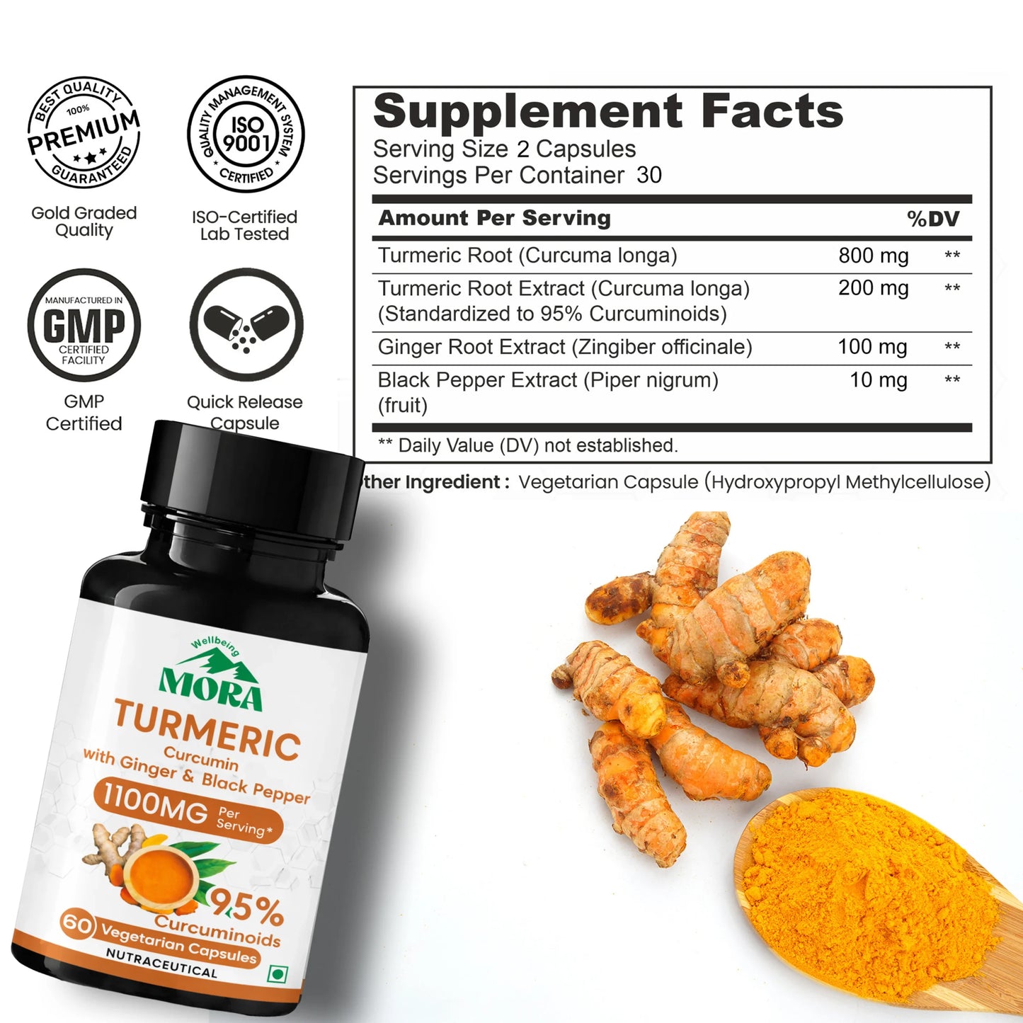 Turmeric, ginger, and black pepper supplement capsules with supplement facts, turmeric roots, powder