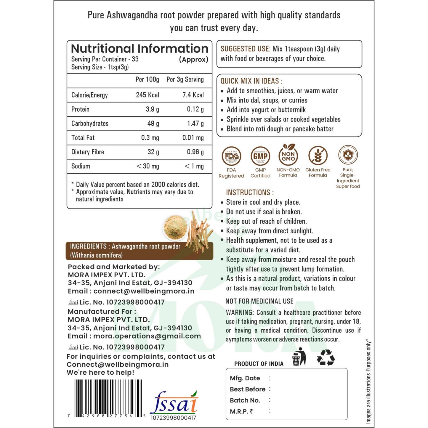 Ashwagandha root powder nutrition facts, ingredients, usage instructions, and certifications on product label