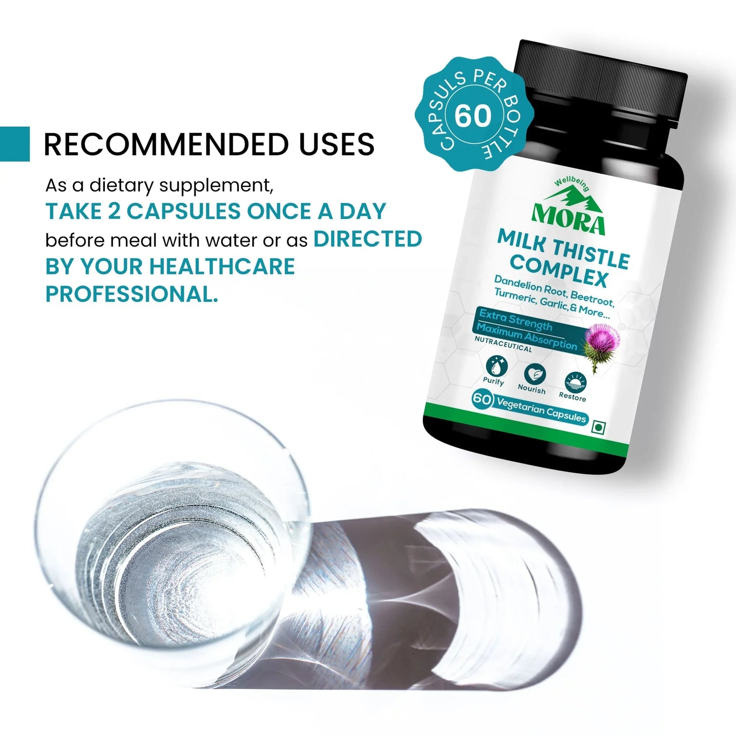 Milk Thistle Complex herbal supplement bottle with 60 capsules, glass of water, and dosage instructions.